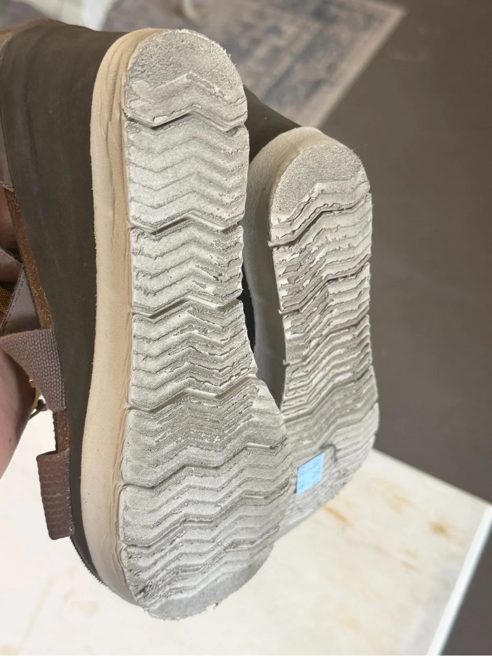 OTBT Taupe and Brown Strap Wedge Sandals